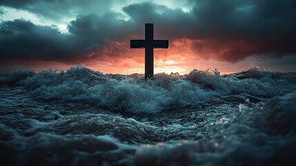 cross in the sea with stormy sky