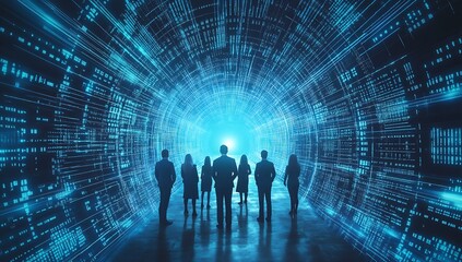 Silhouettes of business professionals emerging from a glowing digital tunnel symbolizing digital transformation and technology : Generative AI