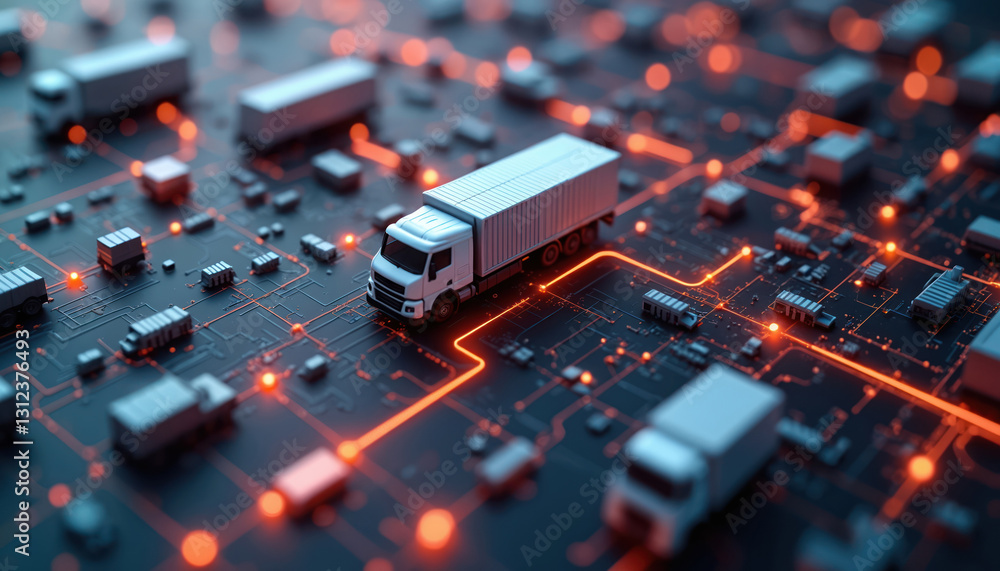 Aufkleber Logistics business distribution network concept. Image shows shipping company networking with delivery trucks. Cargo freight transportation, warehouse management, global supply chain solutions.