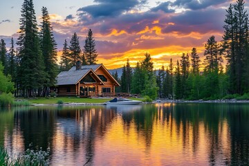 Fototapeta premium Enchanting sunset view of rustic cabin near the lake surrounded by tall trees reflecting beauty : Generative AI