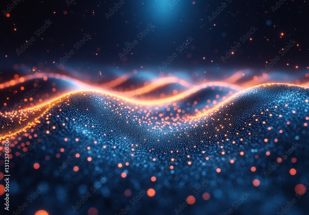 Poster vibrant abstract waves of light in a dark background with glowing particles creating a futuristic mo