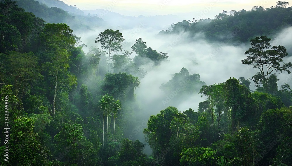 Poster enchanting view of misty rainforest valley with lush greenery and tall trees under soft fog cover : 