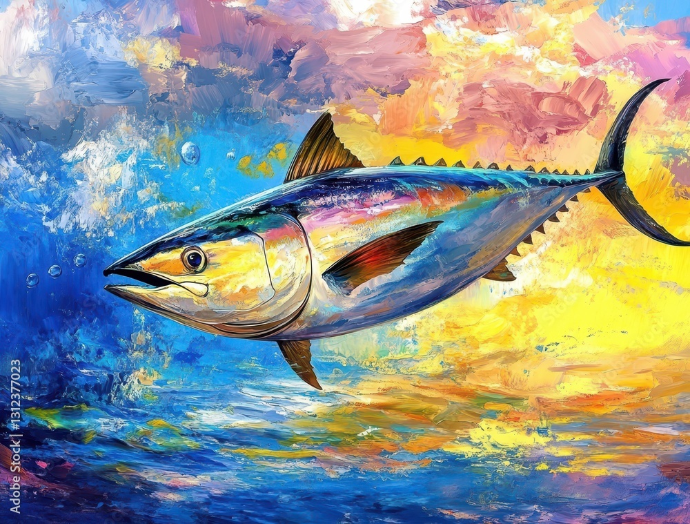 Poster vibrant and colorful tuna swimming underwater in abstract artistic style with dynamic background of 