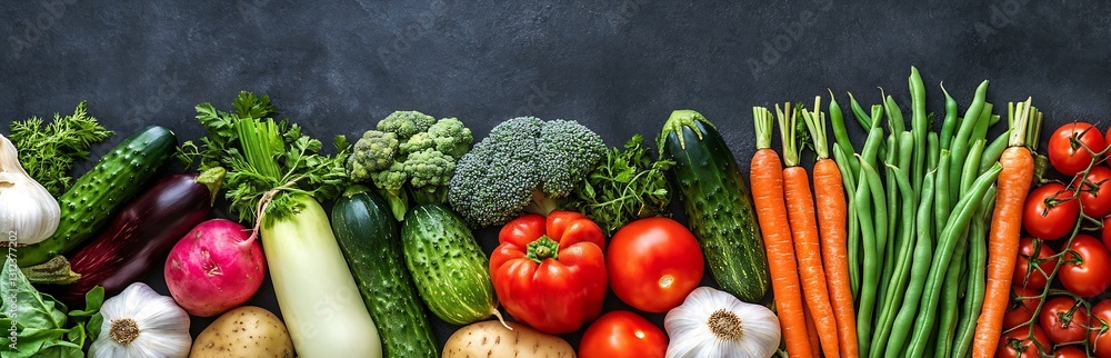 Poster Fresh and Colorful Vegetable Display Including Cucumbers and Broccoli on a Dark Surface : Generative AI