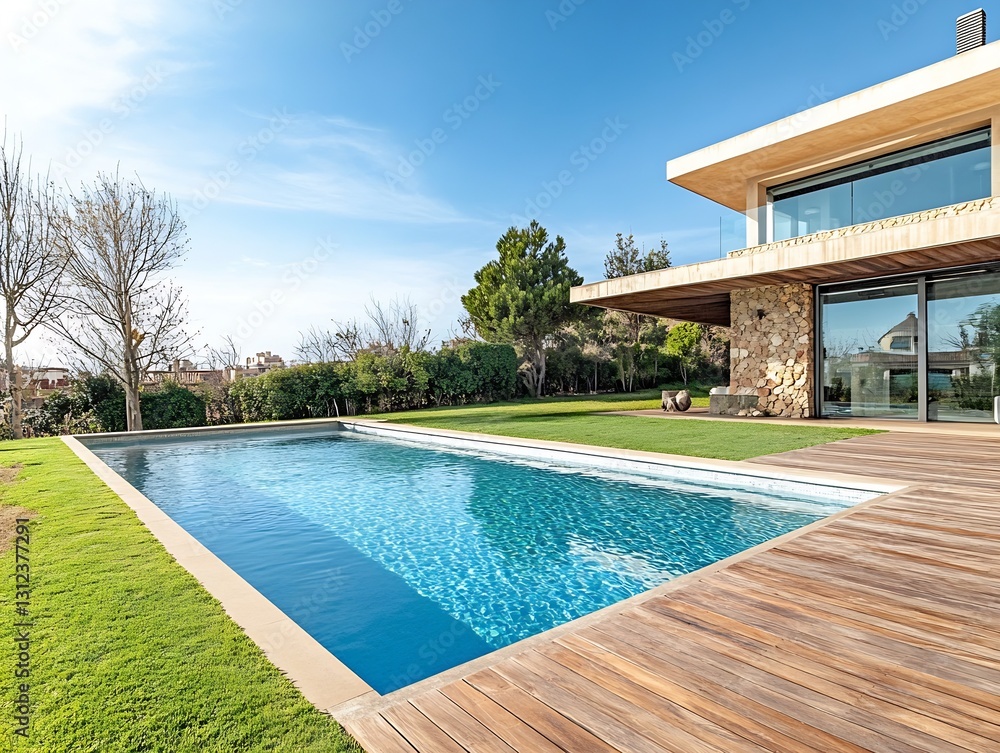 Aufkleber Elegant residence showcasing a pristine swimming pool with lush grass and striking architecture : Generative AI
