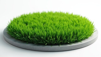 Round platform covered with bright green grass isolated on white background. Lawn circle patch. Earth concept, ecology theme. Natural product placement surface. Sustainable agriculture and farming.