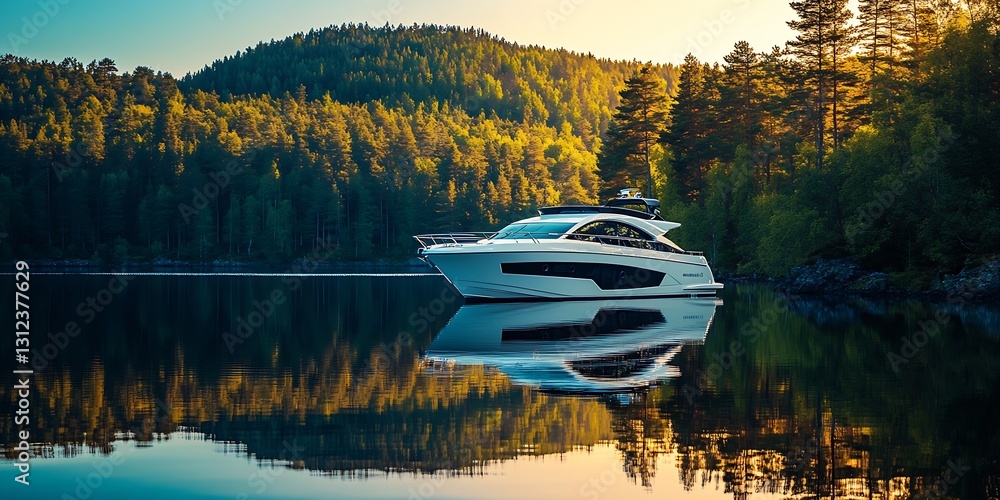 Poster sophisticated motor yacht perfectly positioned on tranquil lake surrounded by colorful autumn trees 