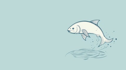Fototapeta premium A fish leaps out of the water, creating small splashes around it. The illustration is simple and minimalistic, set against a soft pastel background, giving it a calm feel