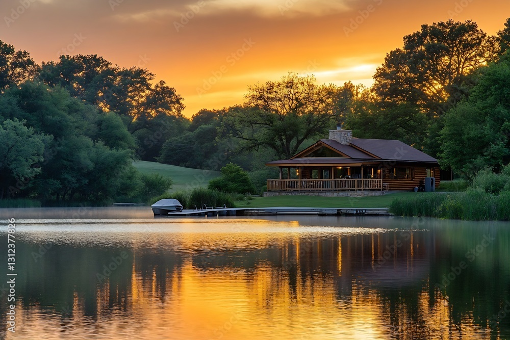 Poster Beautiful log cabin with landscaped surroundings at dusk reflecting on the calm lake : Generative AI