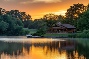 Fototapeta premium Beautiful log cabin with landscaped surroundings at dusk reflecting on the calm lake : Generative AI