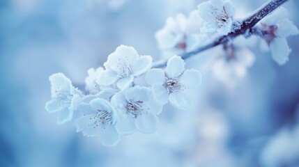 frozen cherry blossom branch with delicate white flowers dusted in frost, soft focus and cold blue tones under natural light, creating a serene and poetic winter scene with fine macro details