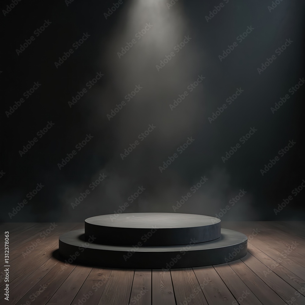 Aufkleber two-tiered black product podium stage with spotlight beam and smoke. dark abstract platform with woo