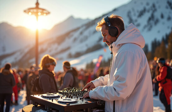 DJ mixes music at winter ski resort apres ski party. Man in headphones plays set on snow mountain peak. Crowd dances at sunset in Alps. Relaxing music and ski vacation.