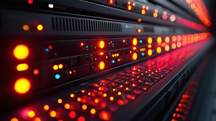 Server room illuminated with intense red and yellow diagnostic lights