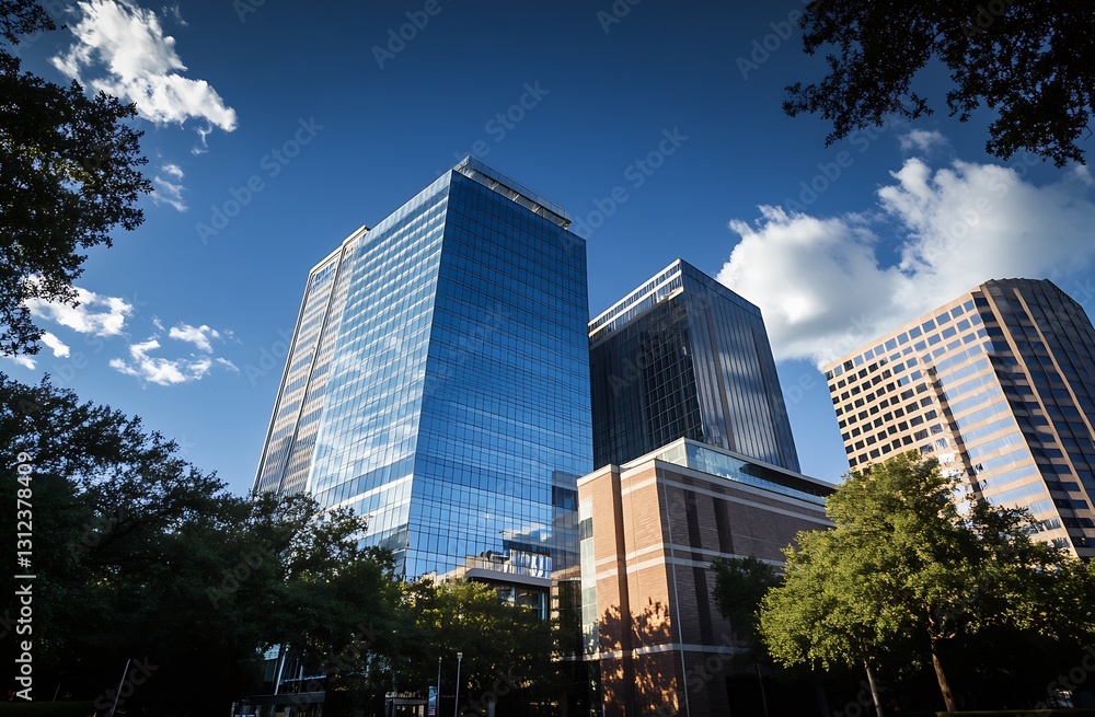 Poster elegant office complex under bright blue skies and dynamic cloud patterns : generative ai