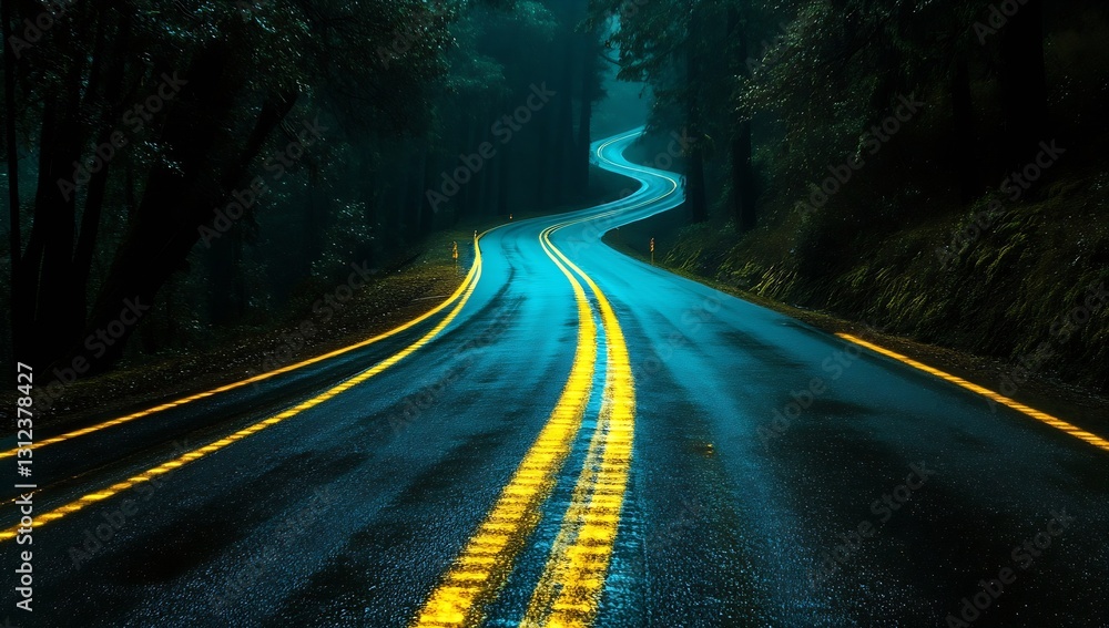 Poster a scenic winding road illuminated by yellow lines surrounded by dark trees at dusk : generative ai
