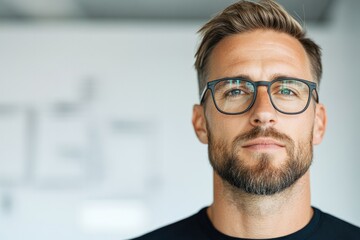 capture confident corporate finance professional in modern office setting their eyes focused ahead and exuding decisiveness