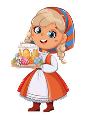 Happy Easter. Cartoon girl with Easter cake in her hands