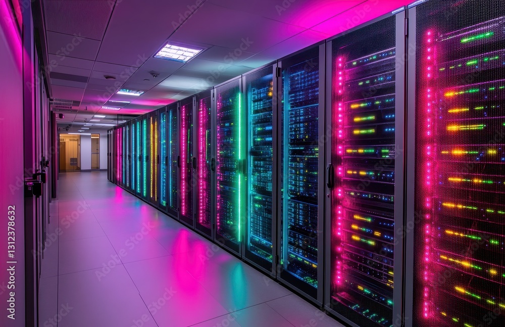 Poster vibrant and modern data center with colorful led lights and server racks in a high-tech environment