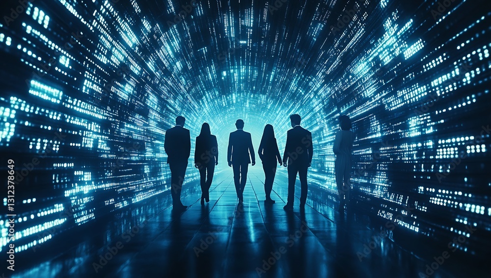 Poster Group of Professionals Silhouetted in Front of a High-Tech Digital Background with Bright Light : Generative AI