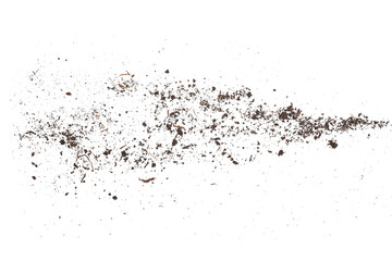 Dirt, soil pile flying isolated on white background