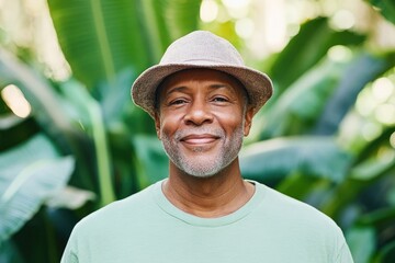 capture serene outdoor portrait of diverse person smiling gently surrounded by greenery symbolizing harmonious connection