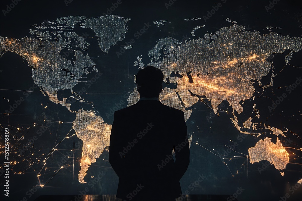 Poster Business Executive Analyzing a Projected Map Displaying Global Connectivity Patterns : Generative AI