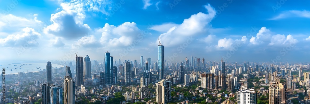 Poster dramatic cityscape featuring a panoramic view of urban buildings with stunning skyline and ocean in 