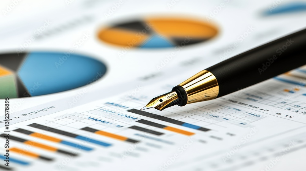 Poster close-up of a pen resting on a chart highlighting data analysis and business strategy in a professio
