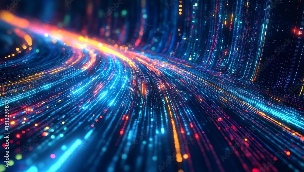 Poster Vibrant flowing light trails illustrating a dynamic digital world with futuristic glowing colors and patterns : Generative AI