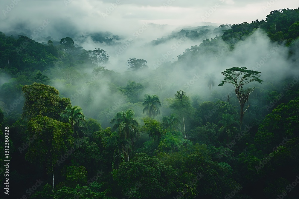 Poster Misty tropical rainforest filled with vibrant greenery and towering trees creating a mystical atmosphere : Generative AI