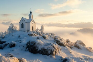 Snow-Capped Chapel: A quaint, snow-covered chapel perched atop a wintery mountain peak, bathed in the soft glow of sunrise.