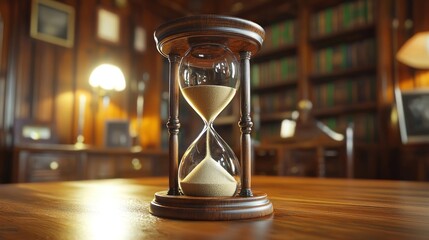 Antique hourglass on wooden table in library