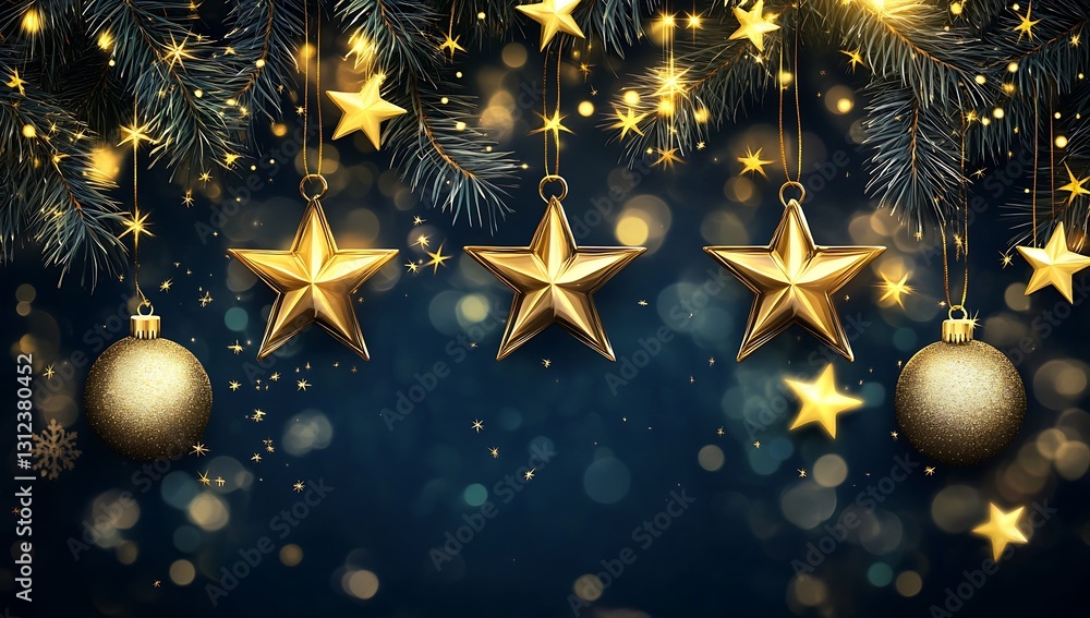 Poster a collection of golden stars and shiny baubles hanging from a christmas tree with twinkling lights :