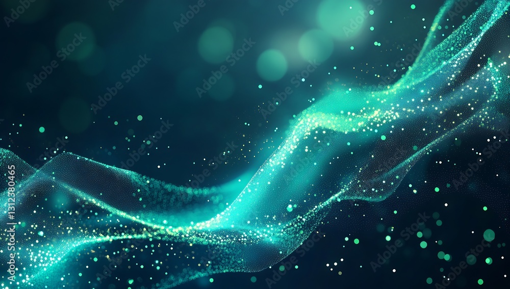 Poster Vibrant flowing turquoise waves intertwined with radiant particles creating an enchanting abstract backdrop for design : Generative AI