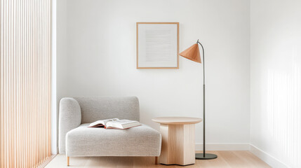 Fototapeta premium Cozy reading corner with modern furniture and natural light in a minimalist interior design