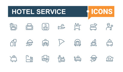 Hotel Service icon set. Related to service, room service, breakfast, suitcase, hotel, bed and more. Icon design. Minimalist editable vector stroke.