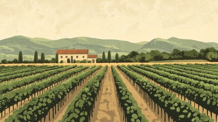 Naklejka premium Rows of green grapevines stretch across the landscape, leading to a charming farmhouse surrounded by rolling hills and mountains, illuminated by warm afternoon light