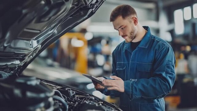 A mechanic is examining a car's engine while using a tablet to access information about it