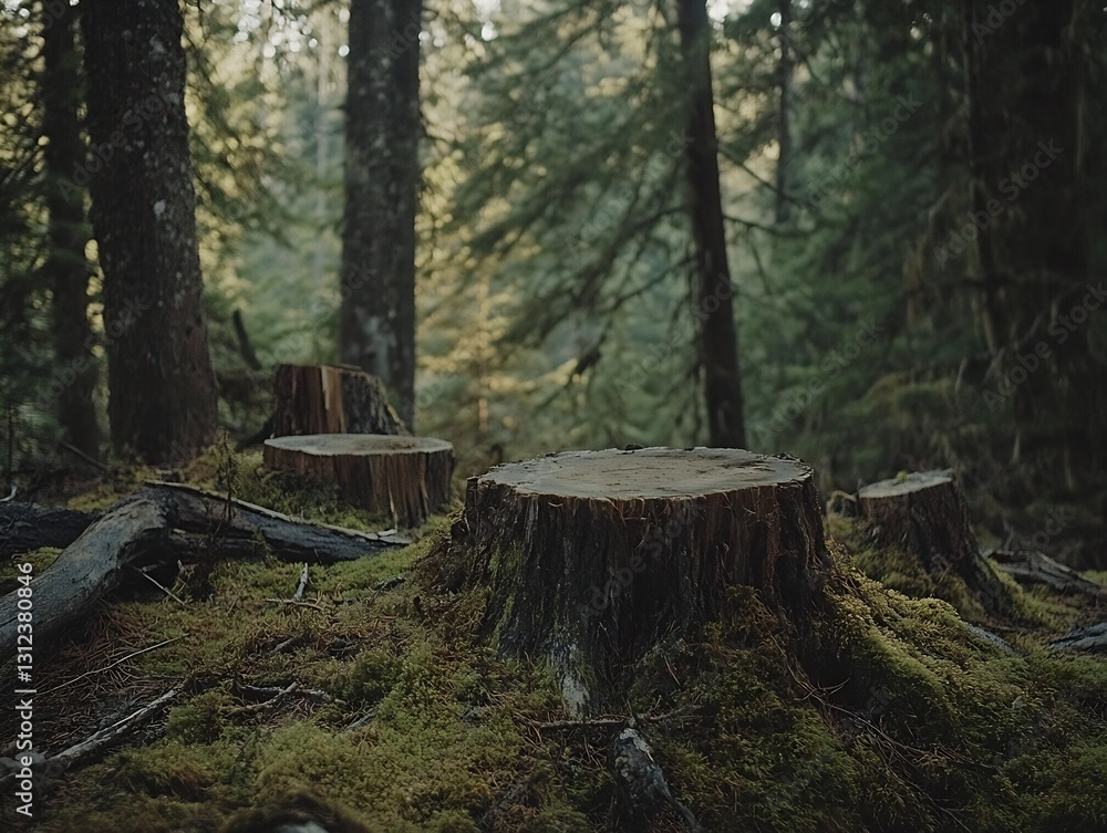 Poster Moss-covered tree stumps in a serene forest setting with soft sunlight filtering through trees : Generative AI