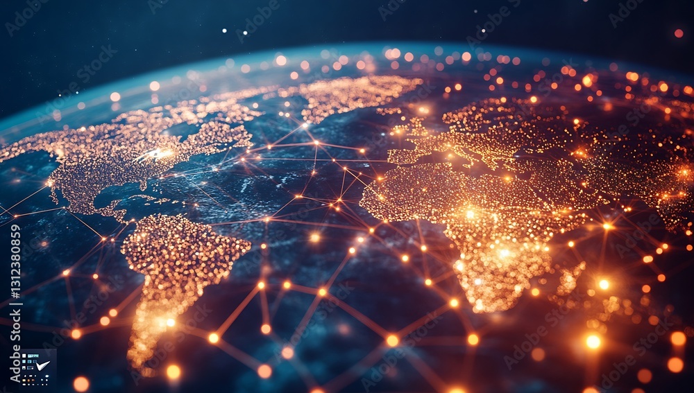 Poster Global Map with Bright Network Connections Depicting Data Flowing Across Continents : Generative AI