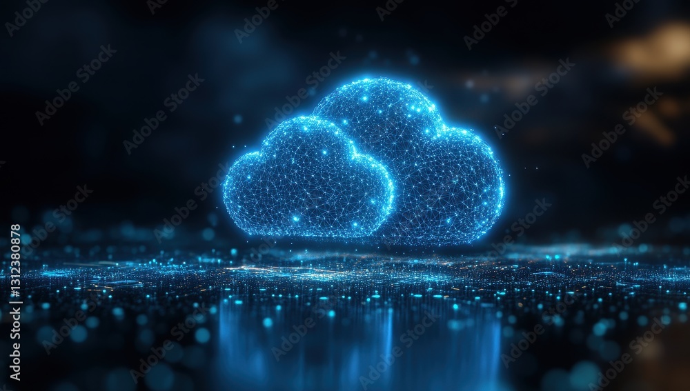 Poster vibrant digital cloud icon with glowing particles and light reflections on a dark background for tec