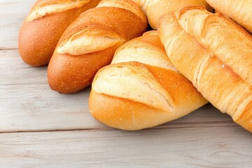 Fototapeta premium close-up of assorted freshly baked bread and pastries on wooden table
