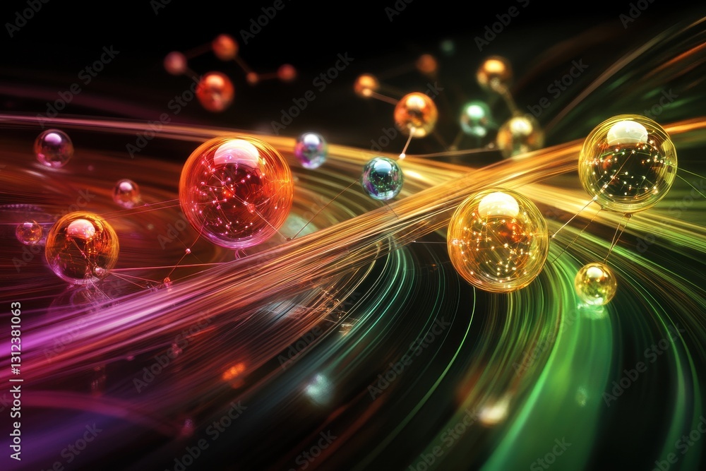Poster Colorful abstract representation of molecular structures with vibrant light trails and bubbles in a dark background