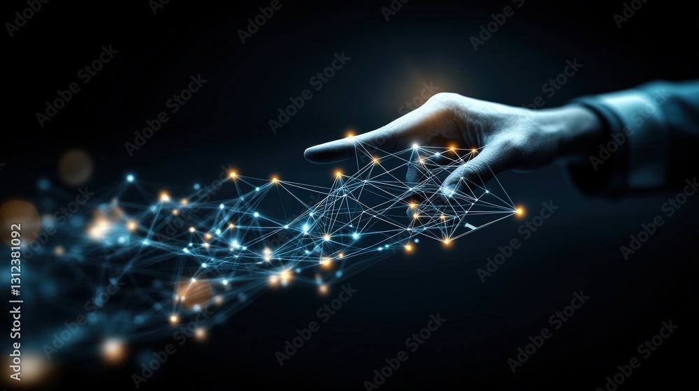 Poster hand holding a network symbolizing connectivity and communication in a technologically advanced envi