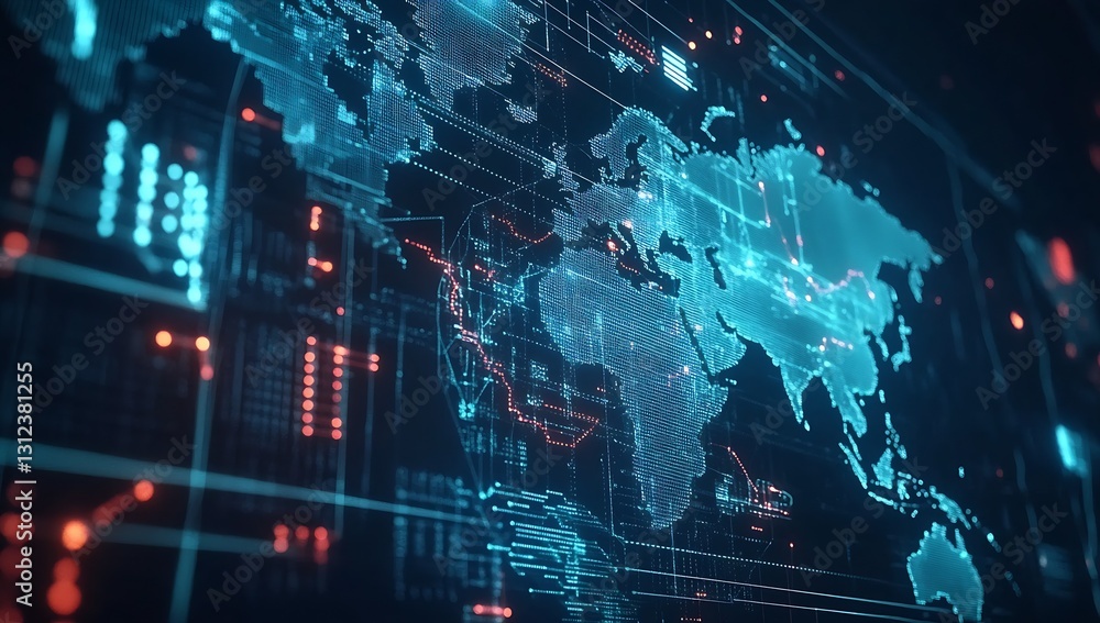 Poster Futuristic digital map of the world with glowing blue elements representing data networks : Generative AI