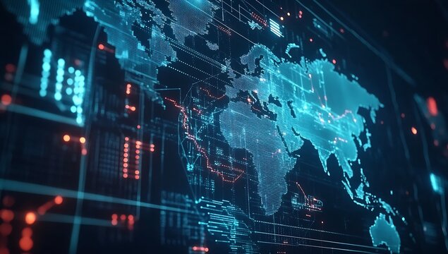 Futuristic digital map of the world with glowing blue elements representing data networks : Generative AI