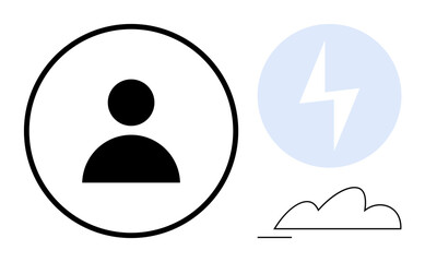 Circular user icon beside a blue lightning bolt and minimalistic cloud, representing user profiles, cloud computing, energy, innovation, or technology. Ideal for apps, technology, energy innovation