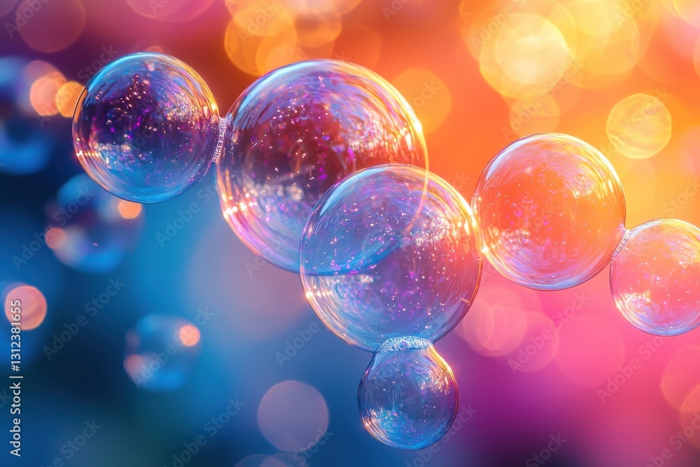 Poster bubbles reflect colorful lights and create a mesmerizing visual effect in a vibrant setting