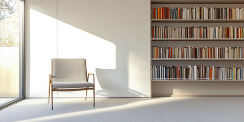 Fototapeta premium Minimalist interior with a chair and a bookshelf in a well-lit room